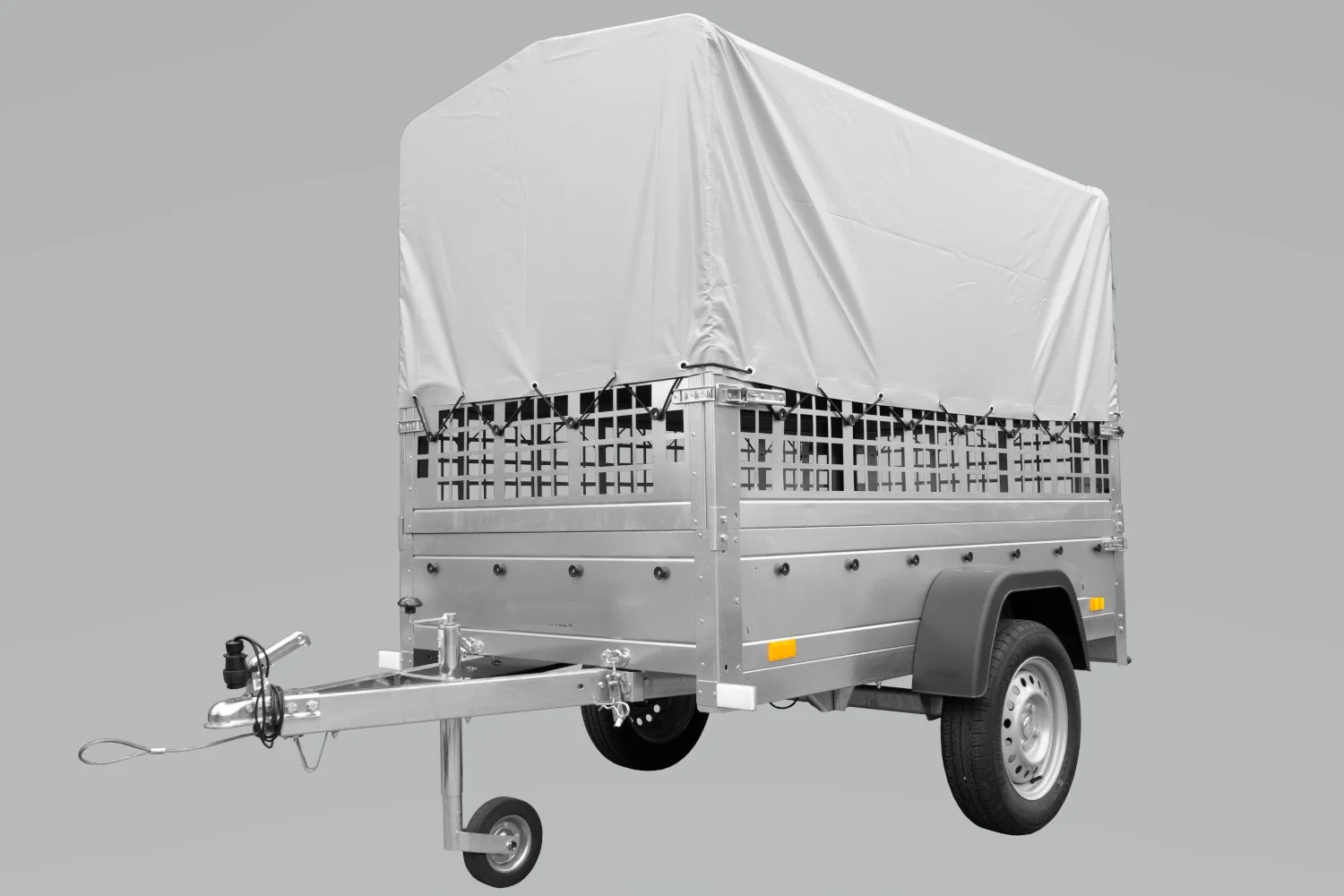 Großer Anhänger 230X125 mit hoher grauer Plane, Netzseiten und Stützrad – Gartenanhänger 230 Kipp